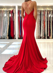 Classic Red Mermaid V-Neck Spaghetti Straps Sleeveless Prom Dresses-27dress