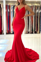 Classic Red Mermaid V-Neck Spaghetti Straps Sleeveless Prom Dresses-27dress