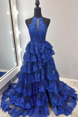 Classic Royal Blue Halter Sequined A-line Long Prom Dress-27dress