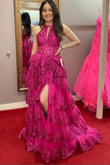 Classic Royal Blue Halter Sequined A-line Long Prom Dress-27dress