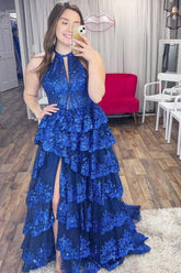 Classic Royal Blue Halter Sequined A-line Long Prom Dress -27dress