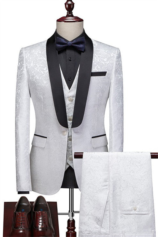 Classic White Jacquard Three Pieces Close Fitting Wedding Suit