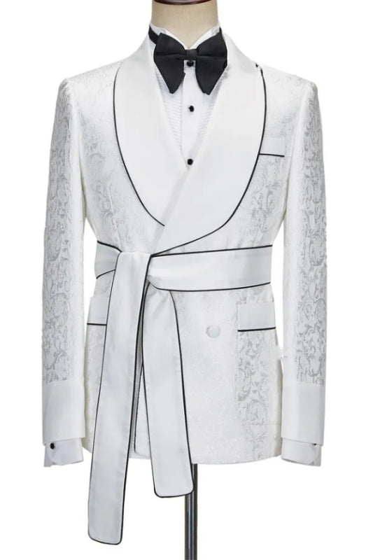 Classic Shawl Lapel Double Breasted Jacquard White Wedding Suits