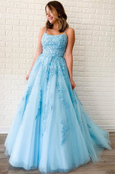 Classy Tulle Sky Blue Spaghetti Strap Appliques Elegant Prom Dress