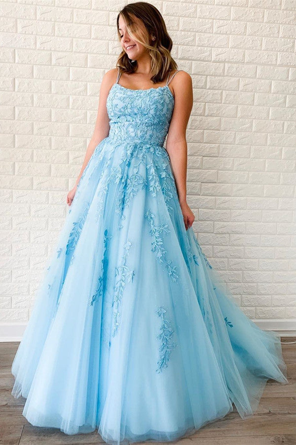 Classy Tulle Sky Blue Spaghetti Strap Appliques Elegant Prom Dress
