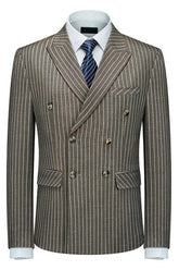 Coffee Double Breasted Peaked Lapel Striped Men Suits For Business