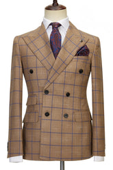 Coffee Plaid Peaked Lapel Double Breasted Business Suits