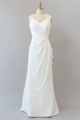 Column V-neck Lace Sleeveless Long Open Back Wedding Dress-27dress