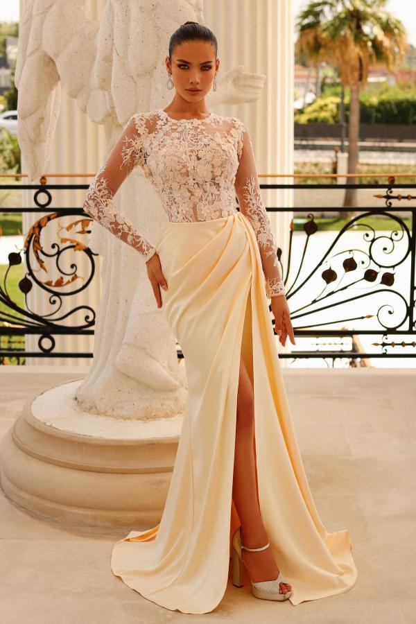 Crew Neck Long Sleeves Lace Long Formal Dress with Slit-27dress