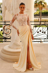 Crew Neck Long Sleeves Lace Long Formal Dress with Slit-27dress