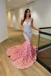 Crew Neck Sequins Sleeveless Flower Mermaid Princess Prom Dress Splicing Trumpet