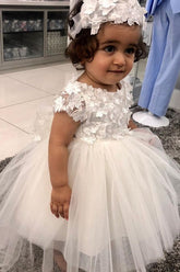 Cute A-line Bateau Short Sleeve Appliques Lace Pearl Tulle Flower Girl Dress With Bowknot-27dress