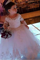 Cute Ball Gown Long Sleeves Tulle Flower Girl Dress with Lace Appliques-27dress