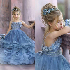 Cute Dusty Blue Long Strapless Princess Tulle Flower Girl Dresses-27Dress