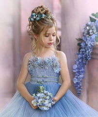 Cute Dusty Blue Long Strapless Princess Tulle Flower Girl Dresses-27Dress