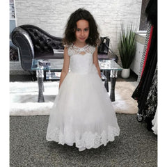 Cute Long A-line Bateau Appliques Lace Pearl Train Flower Girl Dress-27dress