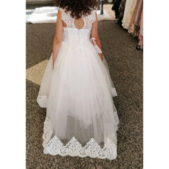 Cute Long A-line Bateau Appliques Lace Pearl Train Flower Girl Dress-27dress