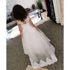 Cute Long A-line Bateau Appliques Lace Pearl Train Flower Girl Dress-27dress