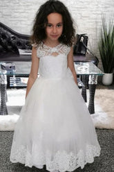 Cute Long A-line Bateau Appliques Lace Pearl Train Flower Girl Dress-27dress