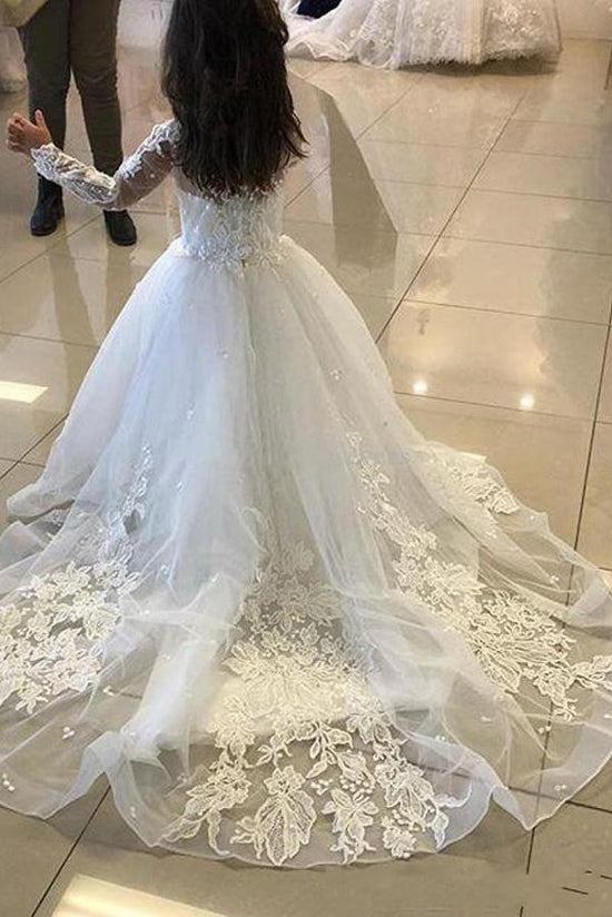 Cute Long A-line Tulle Lace Flower girl dresses with sleeves-27dress