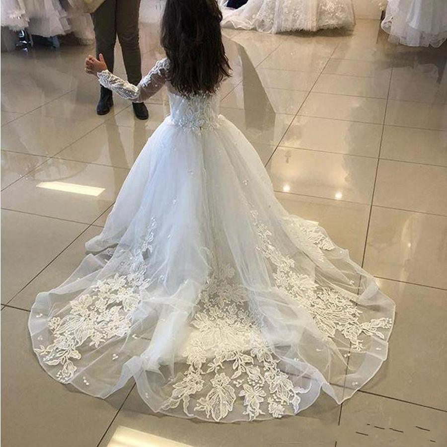 Cute Long A-line Tulle Lace Flower girl dresses with sleeves-27dress