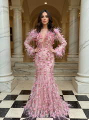 27DRESS Cute Pink Long Sleeves Mermaid Evening Dresses with Feather