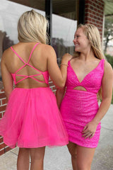 Cute Short V-Neck Hot Pink Homecoming Dress
