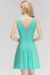 Cute V-Neck Sleeveless Short Chiffon Affordable Bridesmaid Dresswith Ruffle-27dress