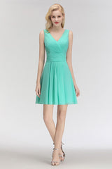 Cute V-Neck Sleeveless Short Chiffon Affordable Bridesmaid Dresswith Ruffle-27dress