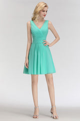 Cute V-Neck Sleeveless Short Chiffon Affordable Bridesmaid Dresswith Ruffle-27dress