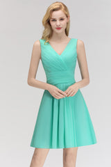 Cute V-Neck Sleeveless Short Chiffon Affordable Bridesmaid Dresswith Ruffle-27dress