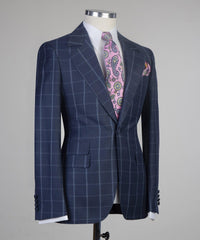 Stylish Navy Plaid Slim Fit Tailored Men Suit For Business
