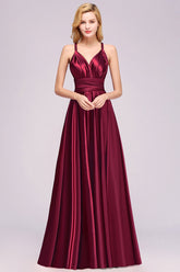 Wine Red V-Neck Satin A-Line Bridesmaid Dress