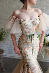 Off-The-Shoulder Strapless Mermaid Evening Dress with Flowers Beading and Appliques