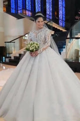Luxurious Long Sleeves Lace Long Wedding Dress with Rhinestone