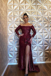 Burgundy Long Sleeve Sequin Mermaid Evening Dress with Split