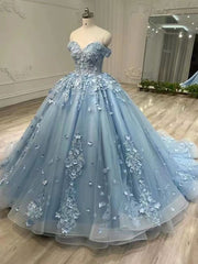 Elegant Blue Applique Tulle Strapless Evening Ball Gown
