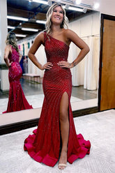 Burgundy One-Shoulder Mermaid Evening Dress with Sequins and Slit