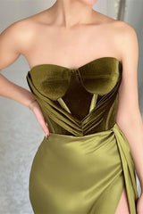 Olive Green Strapless Mermaid Evening Dress with Split