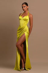 Daffodil Long Prom Dress Halter Ball Gown With Pleated Split