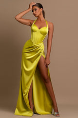 Daffodil Long Prom Dress Halter Ball Gown With Pleated Split