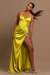 Daffodil Long Prom Dress Halter Ball Gown With Pleated Split