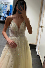 Daffodil Tulle Spaghetti Strap Sleeveless Prom Dress A Line With Beadings