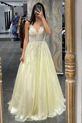 Daffodil Tulle Spaghetti Strap Sleeveless Prom Dress A Line With Beadings