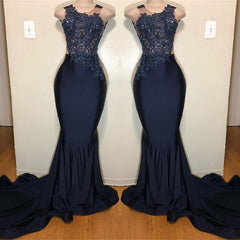 Dark Blue Appliqued Sleeveless Mermaid Prom Dress