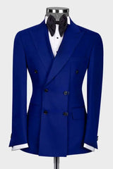 Dark Peaked Lapel Double Breasted Slim Fit Blue Prom Suits