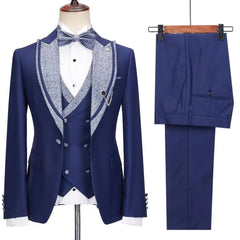 Dark Peaked Lapel Three Pieces Blue Prom Suits