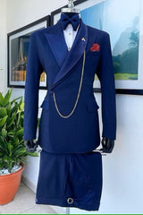 Dark Peaked Lapel Two Pieces Stylish Blue Prom Suits