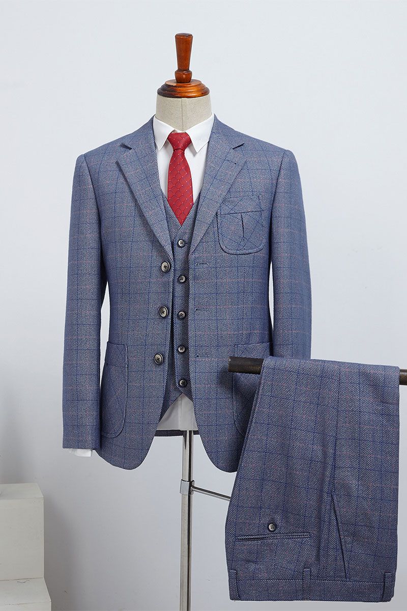 Dark Gray Plaid 3 Pieces Notched Lapel Formal Menswear