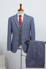 Dark Gray Plaid 3 Pieces Notched Lapel Formal Menswear